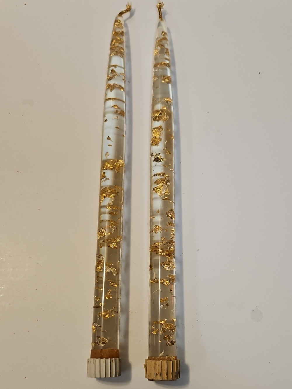MCM LUCIE CLEAR WITH GOLD FLAX, 12 INCH CANDLESTICKS.